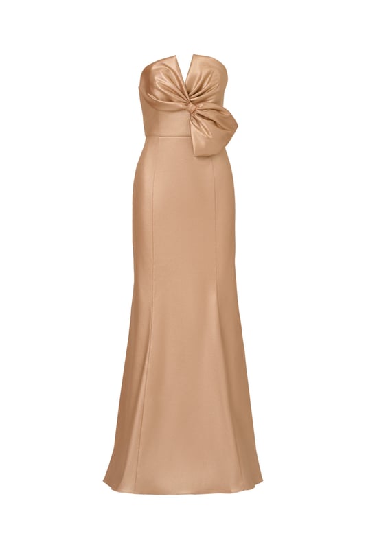 Foiled stretch Mikado, strapless notch neckline featuring a bodice bow detail, mermaid skirt and back zipper