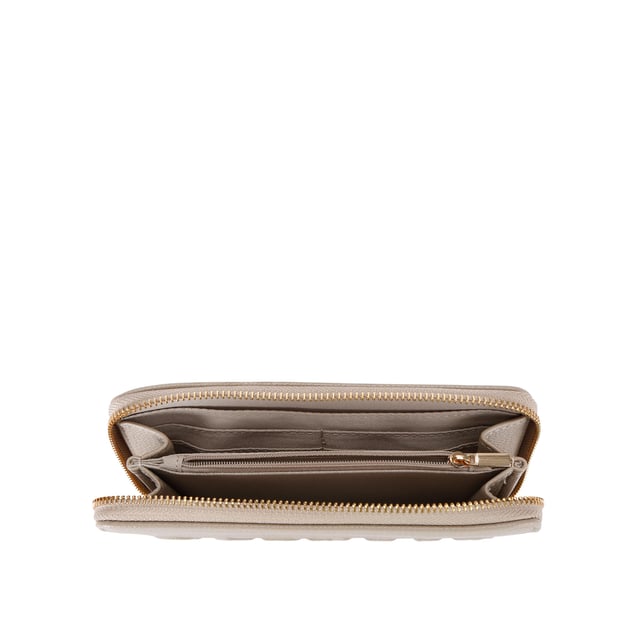 The Carvela Frame Purse features a textured taupe exterior with embossed Carvela logo. The zip closure opens to an interior with multiple card slots and zipped compartment. 10cm (H), 19cm (W), 2cm (D).