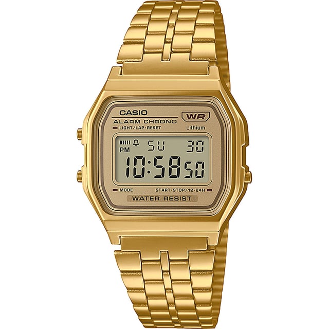 This Casio Casio Collection Vintage Digital Watch for Unisex is the perfect timepiece to wear or to gift. It's Gold  Rectangular case combined with the comfortable Gold Stainless steel watch band will ensure you enjoy this stunning timepiece without any compromise. Operated by a high quality Quartz movement and water resistant to 3 bars, your watch will keep ticking. Classic and charming  watch perfect for every occasion -The watch has a calendar function: Day-Date, Stop Watch, Alarm, Light High quality 20 cm length and 19 mm width Gold Stainless steel strap with a Fold over clasp Case diameter: 36 mm,case thickness: 8 mm, case colour: Gold and dial colour: Gold