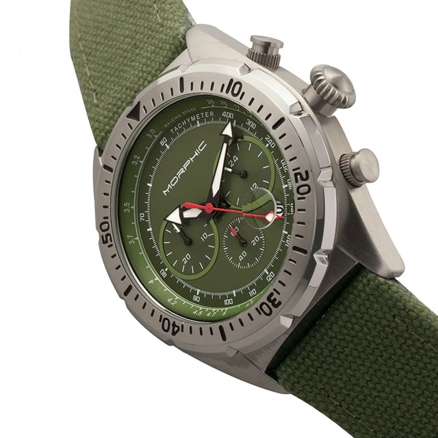 316L Surgical-Quality Stainless Steel Case; Precision Japanese Quartz Movement; Full-Function Chronograph; Built-In Tachymeter; Non-Glare Scratch-Resistant Mineral Crystal; Logo-Engraved Stainless Steel Caseback; Uni-Directional Bezel; Fiber-Weaved Genuine Leather Strap; Logo-Engraved Stainless Steel Clasp; Luminous Hands; Magnified Date Display; 24-Hour Sub-Dial; 45mm Diameter; 5 ATM Water Resistance;