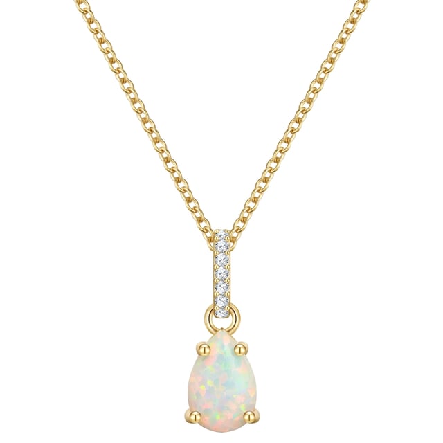 Discover the exquisite beauty of this necklace from Glanzstücken München, made from yellow gold-plated 925 sterling silver. The practical spring ring closure ensures a secure fit. The radiant pendant is artfully designed and combines an opal (synthetic) with a sparkling, faceted zirconia, which gives the piece of jewelry a special shine. The combination of high-quality material and elegant design makes this necklace a real eye-catcher. Perfect as a gift or to enhance your own outfit with a touch of luxury. With this necklace you will shine stylishly both in everyday life and on special occasions.