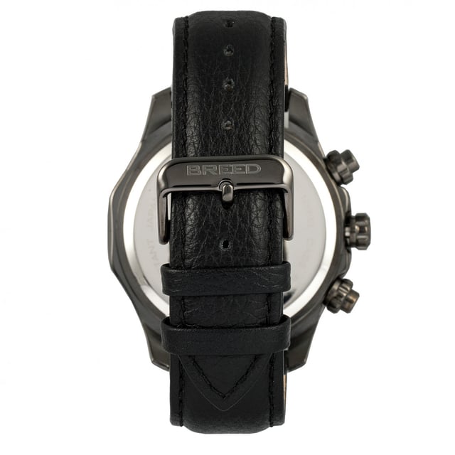 Brushed Alloy Case; Precision Japanese Quartz Movement; Full-Function Chronograph; Non-Glare Scratch Resistant Mineral Crystal; Logo-Engraved Stainless Steel Caseback; Genuine Leather Crocodile-Embossed Strap; Logo-Engraved Stainless Steel Clasp; Luminous Hands; Luminous Markers; 24-Hour Sub-Dial; 47mm Case Diameter; 5 ATM Water Resistance;