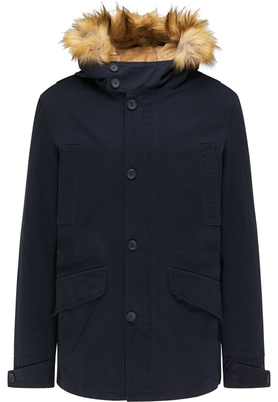 Het goede aan deze katoenen parka van Mo is dat hij in alle seizoenen kan worden gebruikt. Dankzij een uitneembare en gewatteerde binnenjas met imitatiebont wordt de anders zo lichte parka een verwarmende korte jas. Het imitatiebont op de capuchon kan ook met een rits worden verwijderd. De sportief-casual look wordt ondersteund door de bovenste paspelzakken en de grote klepzakken, terwijl een intern taillekoord zorgt voor een vormvaste look. De casual parka wordt gesloten met een rits en knoopsluiting.  Parka