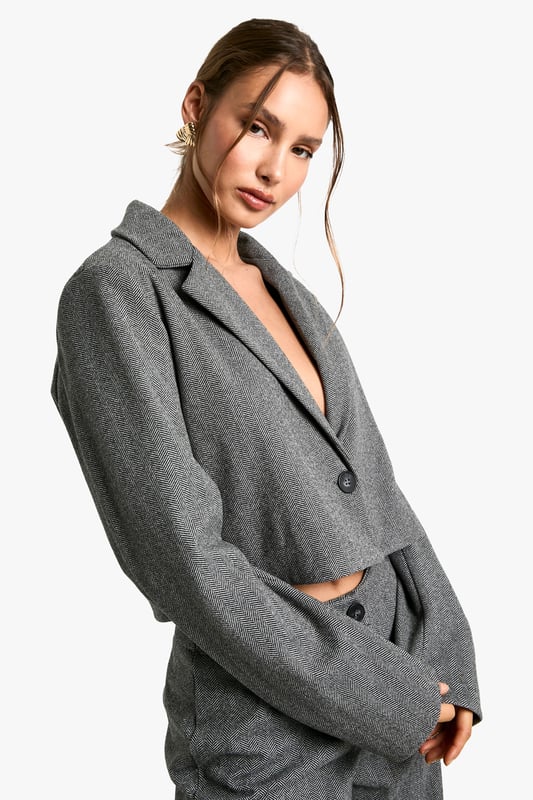 Herringbone Tailored Cropped Blazer