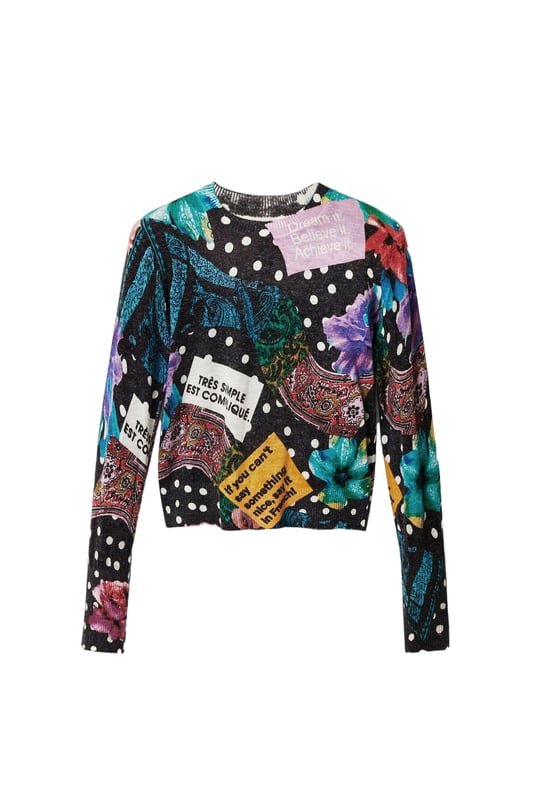 Marca: Desigual   Género: Mujeres   Tipo: Tejido   Color: Negro   Patrón: Estampado   Escote: Cuello Redondo   Mangas: Manga Larga   Cierre: Atrapado   Temporada: Otoño/invierno