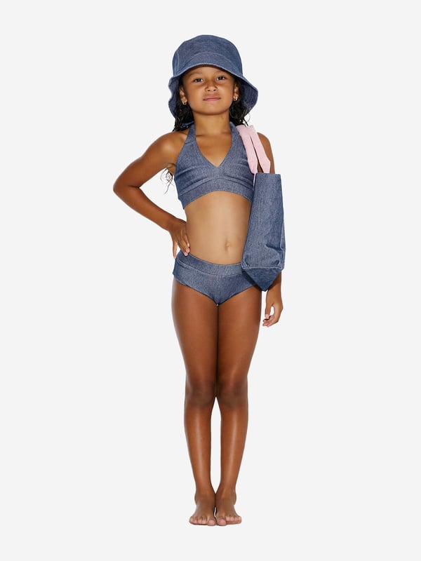 Take poolside cool to another level with this girls blue halterneck bikini set from AY by Ayla. The denim-style set leaves am impression when making a splash. An elasticated band across the hem and waistband ensures a comfortable fit for free and easy movement. 2 Piece Set Halterneck Tie Fastening Elasticated Trims