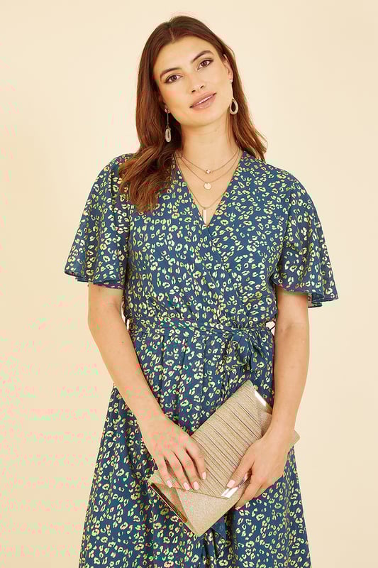 Mela Teal Leopard Foil Print Wrap Midi Dress