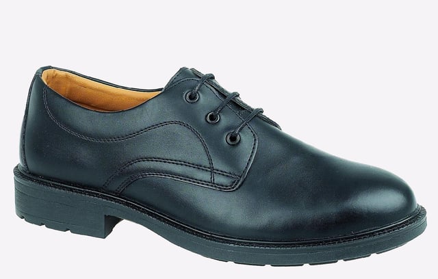 Amblers deliver a smart formal leather safety shoe, ideal for industrial office wear and uniform. Steel toe, non-metal anti-penetration midsole, antistatic and durable PU outsole, these are a practical choice in style and safety.
- Smart and safe Gibson ideal for industrial office wear and uniform use- Mono-black, plain front shoe crafted with a smooth leather upper- Constructed with PU outsole offering excellent slip resistance- Lace up front with 3 eyelets- Steel toe cap protection against 200 joules impact- Anti-static- Energy absorbing heel- Conforms to EN ISO 20345:2011 Safety footwear standards- Passes SRC slip resistance standards