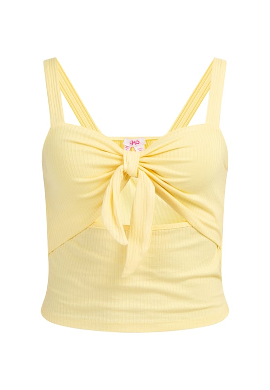 Met deze cropped top van myMo zul je veel plezier beleven. Het is meer dan alleen een comfortabele basic voor het dagelijks leven. Het is gemaakt in Italië van een zachte, ribgebreide viscose en heeft een geknoopt lijfje met een uitsparing eronder.  Topje met gebreide bandjes