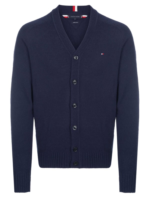 100% lana; suéter de Tommy Hilfiger;  Modelo: MW0MW33099 DW5;  Mano de obra de alta calidad;  100% lana;  corte en V;  tira de botones;  manga larga;  Detalles del logo de Tommy Hilfiger