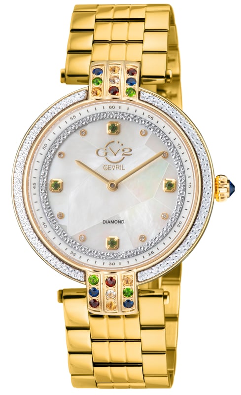 GV2 12803B Women's Matera Gemstone Diamond Watch GV2 Women's Swiss Quartz Gemstone Watch from the Matera Collection 36mm round IPYG Case, Diamond Cut Bezel with 18 Multicolored Gemstones on Lugs. Puzzle White MOP with 8 Single Cut Diamonds on dial, 4 Green Diopside Gemstones Push/Pull Crown IP Yellow Gold Bracelet With Deployment Buckle Anti-reflective Sapphire Crystal Water Resistant to 50 Meters/5ATM Swiss Quartz Movement, Ronda 762