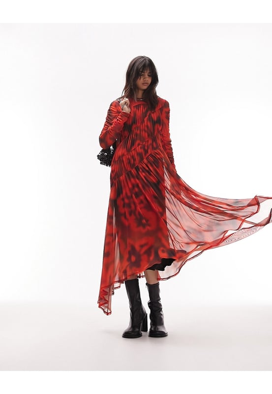 Topshop seamed ruch mesh midi dress in red floral print