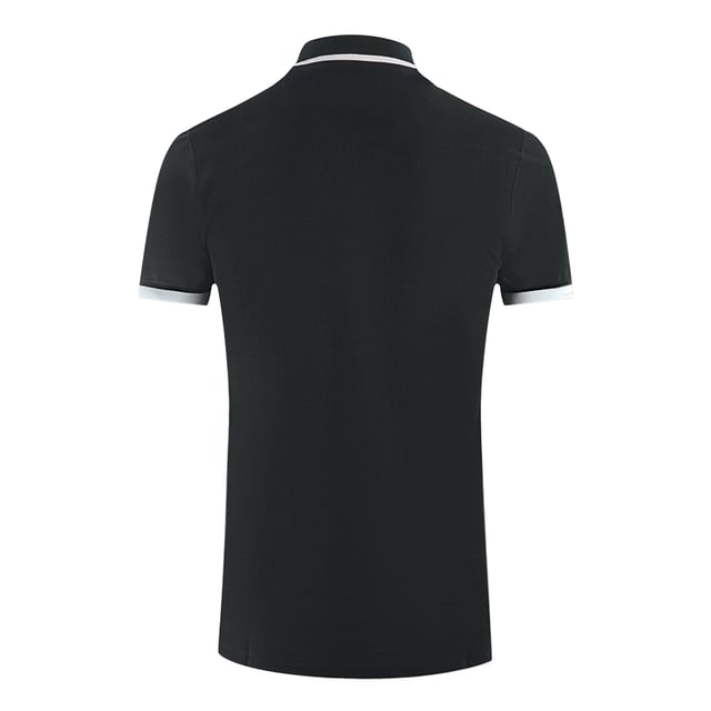 Aquascutum Branded Collar Black Polo Shirt. This Aquascutum Brand Logo Polo Shirt is the perfect combination of fashion and function. Its Black hue and brand logo add a distinct touch of modern style to any outfit. Look your best while staying comfortable in this must-have piece.. Embroidered Aldis Branding on The Left Chest, Tipped Sleeves, Aquascutum Branded Collar Black Polo Shirt. 100% Cotton, Regular Fit, Fits True To Size, Button Closure, Union Jack Logo. British Flag Badge On Left Sleeve, Printed Brand Name On Collar When Turned Up, Short Sleeve. Style Code: P00223 99