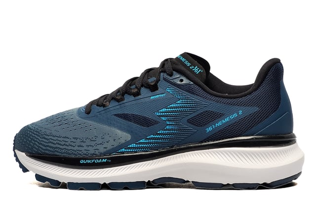 This top-tier running shoe, the 361 Nemesis, offers exceptional value for those seeking a high-end option without breaking the bank. Designed for durability and comfort, it provides optimal support and superior cushioning, making it perfect for all types of runners who need extra stability underfoot. True to its name, the 361 Nemesis excels in endurance and performance whether youre hitting the road or the gym. It features a unique double-layer textile and mesh upper that ensures full toe-to-heel ventilation for breathability during your runs. The secure lacing system has been thoughtfully adapted to provide both medial and lateral support, accommodating different foot shapes while maintaining essential stability in motion.
Additionally, the Nemesis boasts a new double-layer cushioned platform, with a top layer of full-length QU!KFOAM and a bottom layer of EVA. This combination enhances stability and provides a solid base for high-performance activities. The extended medial post helps slow the rate of roll upon ground contact, resulting in a smoother transition and improved running efficiency.

- Textile / Double-layer mesh mix upper enhances breathability
- Anatomical pressure free tongue design
- Soft textile lining for comfortable fit and feel
- Contoured heel design
- Easy on/off wear
- Perfect fit lace up closure
- OrthoLite comfort cushioned insole
- QU!KFOAM and EVA rubber blend midsole
- Durable outsole
- 361 branding