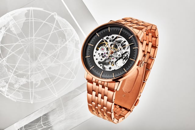 Men's Automatic Rose/Gold Toned Case, Rose/Gold Toned Bezel, Black Dial Ring with Silver Center and Gold Toned Accents, Rose/Gold Toned Hands and Markers, Rose/Gold Toned Link Bracelet Watch