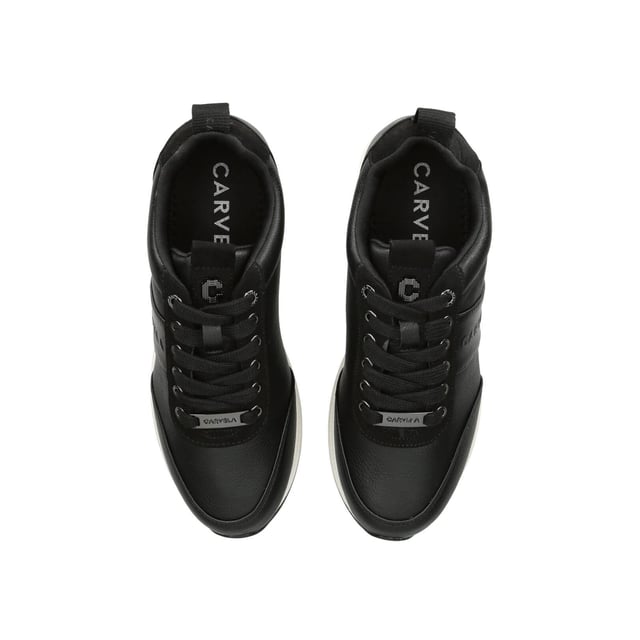 This Carvela Frame Runner trainers is crafted in black with a flat lace up front. There are gunmetal Icon C branding features across the trainer. The sole in pumped in white.