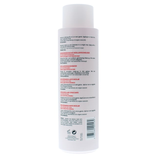 This micellar cleansing water removes makeup from face eyes and lips. It gently cleanses purifies and softens leaving your skin clean soft and comfortable. Suitable for sensitive skin and all skin types.