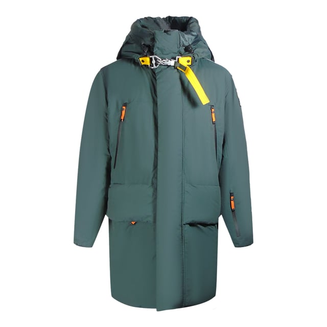 Parajumpers groene jas, twee knoopzakken aan de voorkant, PJS-patch op de linkermouw, 100% polyester jas, donsjack