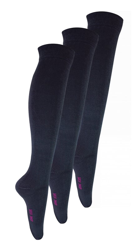 These Girls Extra Long Bamboo Socks are the perfect socks for keeping your little one's feet cosy and comfortable. They're made with super-soft bamboo that keeps their feet cool in summer and warm in winter, which makes them perfect for all year round socks for School and play. Bamboo materials help the wearer keep feet pleasantly fresh all day, with thanks to the hollow structure of the fibres, making bamboo a super absorbent material. This means that bamboo effectively wicks moisture and sweat away from the skin. Bamboo socks are breathable and up to four times more absorbent than cotton socks. The silky-feel bamboo blend fabric has antibacterial properties which are able to resist odours and fungal formation and the handlinked toe seams are created so that they won't rub or chafe. Whether they’re running around at home or have a busy day at school, these bamboo socks will get them through the day with their effective moisture wicking and breathable properties. These socks feature elasticated comfort cuffs so their legs feel comfortable in wearing these soft socks. These socks come in a pack of 3 pairs, they are available in the colours of Black, Navy White & Grey. They’re made from 77% Viscose (from bamboo), 22% Polyester, 2% Elastane and are available in 2 kids sizes: 12-3 UK (30-36 EUR, 13-4 US) & 9-12 UK (27-30 EUR, 10-1 US). They are machine washable.