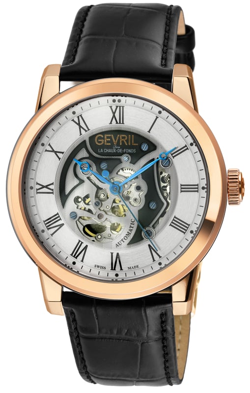 Gevril 22694 Men's Vanderbilt Swiss Automatic Watch
Gevril Men's Swiss Automatic Watch form the Vanderbilt Collection
47mm Round IPRG Case, Silver dial -Roman numeral indexes
Open Heart movement of front of dial, Gevril logo under 12 h
Push/Pull Crown, Limited Edition
Genuine Blue Handmade Italian Leather Strap with Deployment Buckle
Anti-reflective Sapphire Crystal
Water Resistant to 50 Meters/5ATM
Swiss Automatic Movement