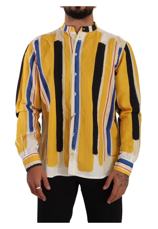 Modelo: Camisa Henley de manga larga con cuello  
Material: 58% lino 42% algodón  
Ajuste: Corte regular  
Color: Rayas amarillas  
Cierre frontal completo con botones  
Detalles del logo  
Hecho en Italia  