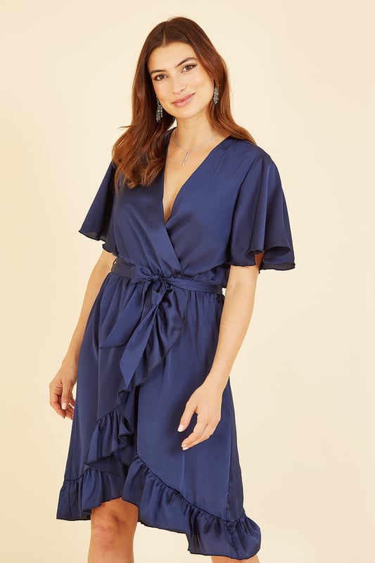 Mela Navy Satin Wrap Dress