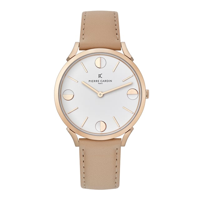 This Pierre Cardin Pigalle Half Moon Analogue Watch for Unisex is the perfect timepiece to wear or to gift. It's Rose Gold 40 mm Round case combined with the comfortable Beige Leather watch band will ensure you enjoy this stunning timepiece without any compromise. Operated by a high quality Quartz movement and water resistant to 3 bars, your watch will keep ticking. The classic colours will go great with any outfit . It enables you to easily spice up a normal outfit and add style to your life. High quality 21 cm length and  18 mm width Beige Leather strap with a Buckle Case diameter: 40 mm,case thickness: 6.55 mm, case colour: Rose Gold and dial colour: White