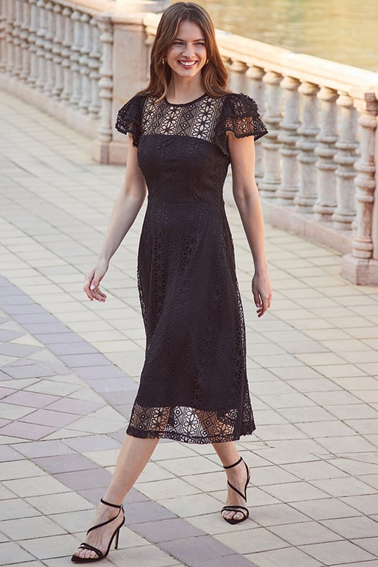 Midi Dress Black Lace Flare Dress Short Sleeve Lace Fit-and-Flare