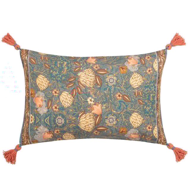 Inspired by arts and crafts, the Bolais cushion fuses mesmeric colour combinations together to create a busy palette of tones and floral patterns which are all printed on incredibly soft cotton and set against a deep toned teal background. Surrounded by a contrasting tassel on each corner for a bit of added style, this cushion brings a splash of colour to many contemporary interiors.