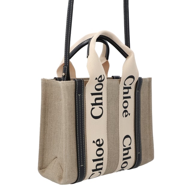Tote bag in linen canvas &amp; shiny calfskin with linen Chloé logo
 Main material: Linen
 Secondary material: Calfskin
 Trim: Polyester
 Carry: Shoulder, arm &amp; cross-body
 

 - 2 short handles
 - Removable long strap
 - 1 spacious main compartment
 - 1 internal flat pocket
 Comes with a dust bag
 

 - Width: 10.4" (26.5 cm)
 - Height: 7.9" (20 cm)
 - Depth: 3.1" (8 cm)
 - Handle drop: 4.3" (11 cm)
 - Strap drop: 20.5" (52 cm)