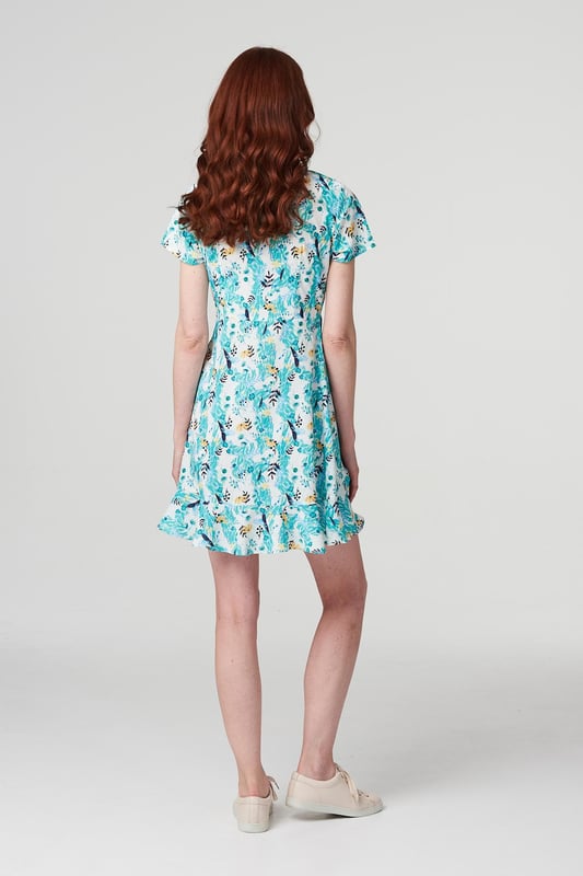 Green Flower Print Ruffle Short Dress