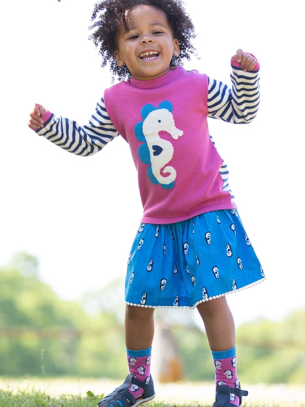 New! Our beautiful seahorse print is used to create this wonderful, stand-out skirt that combines comfort and style to a tee. Combine it with one of our fab tops such as our seahorse jumper to make an extra special outfit for the season. If you love this, you will also love our seahorse stripe dress!