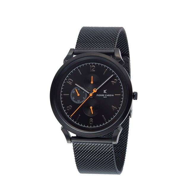 Diese Pierre Cardin Pigalle Nine Multi Zifferblatt Uhr für  Herren ist das perfekte Accessoire zum tragen oder verschenken. Ihr Schwarz 44 mm Rund Gehäuse kombiniert mit dem bequemen Schwarz Armband aus  Edelstahl garantiert, dass Sie diese atemberaubende Uhr kompromisslos genießen werden. Angetrieben von einem hochwertigen Quarz Uhrwerk und wasserdicht bis 3 bars, läuft Ihre Uhr stets weiter. Diese sportliche und trendige Uhr ist ein perfektes Geschenk für Neujahr, Geburtstag, Valentinstag und so weiter. -Diese Multi Zifferblatt Uhr verfügt über eine Kalenderfunktion: Tag - Datum, Leuchtzeiger, 24-Stunden-Anzeige Diese hochwertige Uhr hat ein Schwarz Edelstahl Band ( 21 cm Länge und 21 mm Breite) mit einer Faltschliesse Gehäusedurchmesser: 44 mm,Gehäuse Höhe: 8 mm, Gehäusefarbe: Schwarz Zifferblattfarbe: Schwarz