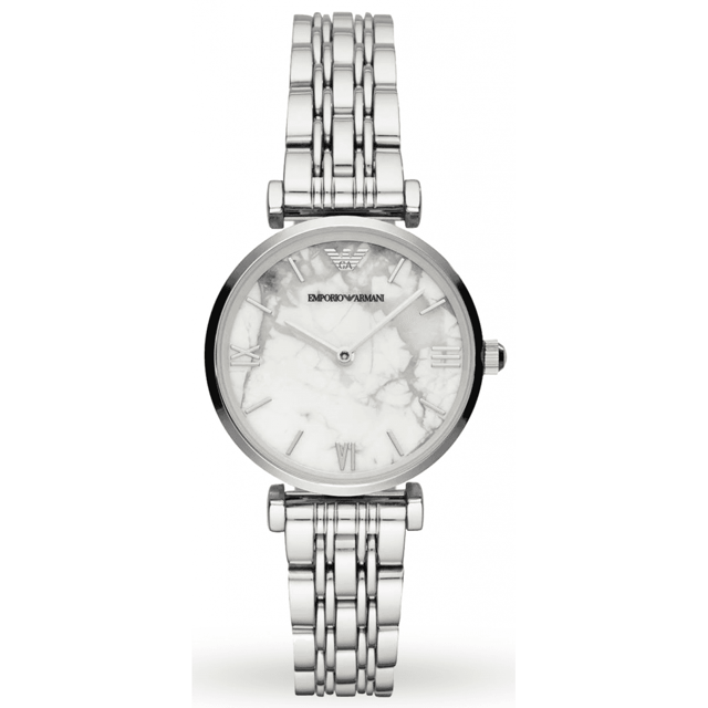 PRODUCT INFO			Case Diameter: 32mm	Case Material:&nbsp;Two Tone Steel/Rose Gold			Water Resistant: 30 Metres	Movement: Quartz (Battery)	Dial Colour: White			Strap Material: Stainless Steel Bracelet	Clasp Type: Push-Button Deployment			Gender: Female	DESCRIPTION						Women's Emporio Armani classic stainless steel designer watch. This watch is complete with a quartz movement and roman numerals on a white dial. It fastens with a polished stainless steel bracelet with silver slim line hour markers and matching insert hands.