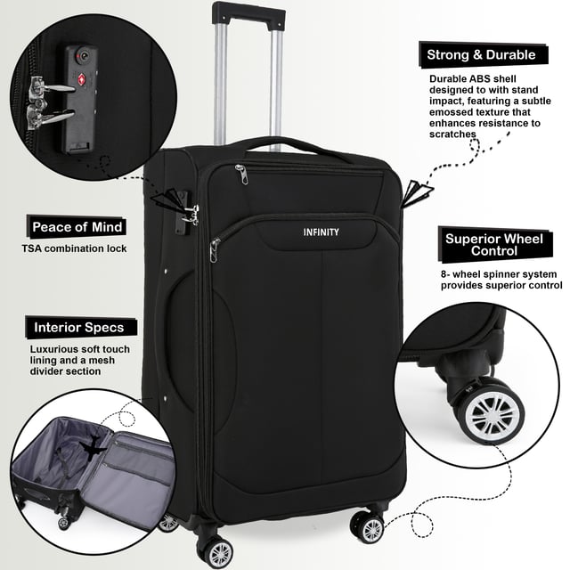 Upgrade uw reisbenodigdheden met de 8-wiel lichtgewicht zwarte koffers, ontworpen voor stijl, duurzaamheid en bruikbaarheid. Deze soft-shell bagageset is gemaakt van hoogwaardig nylon en biedt een strak uiterlijk en uitzonderlijke prestaties voor al uw reizen. Kenmerken: Lichtgewicht nylon materiaal: Duurzaam maar lichtgewicht, waardoor het gemakkelijk te hanteren is en langdurig gebruik garandeert. Soft-Shell ontwerp: Biedt flexibiliteit en veerkracht om schokken tijdens het reizen te absorberen. Veilig TSA-slot: Houdt uw bezittingen veilig en TSA-conform voor naadloze veiligheidscontroles op de luchthaven. 4X dubbele wielen met 360° mobiliteit: Zorgt voor moeiteloze manoeuvreerbaarheid over verschillende oppervlakken. Ergonomische telescopische handgreep: Ontworpen voor comfort en eenvoudige bediening. Georganiseerd interieur: Inclusief spanriemen, compartimenten met rits en gaasverdelers voor probleemloos inpakken. Beschikbare maten en specificaties: Cabine: Afmetingen: 36,5 x 23,5 x 58 cm Gewicht: 2,50 kg Capaciteit: 43L Medium: Afmetingen: 42 x 26 x 67 cm Gewicht: 3,40 kg Capaciteit: 64L Groot: Afmetingen: 48 x 30 x 76 cm Gewicht: 4,30 kg Capaciteit: 98L Deze veelzijdige koffers zijn perfect voor alle soorten reizen, of het nu een korte reis of een langere vakantie is. Het strakke zwarte ontwerp zorgt voor tijdloze elegantie, terwijl de lichtgewicht constructie en geavanceerde functies ongeëvenaard gemak bieden. - Let op: Selecteer de gewenste maat. Maten worden afzonderlijk verkocht, niet in sets.
