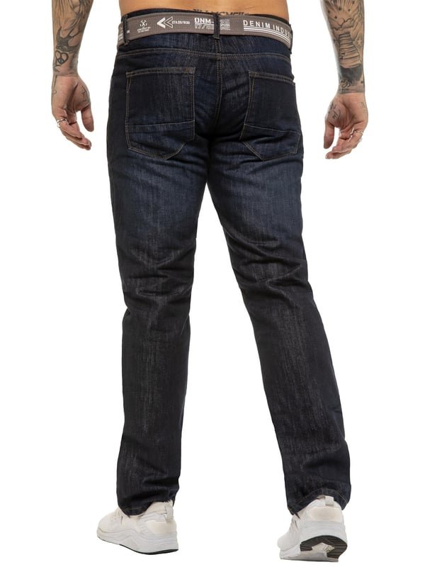 Enzo Mens Regular Fit Jeans. Free Belt Included (Belt colour may vary). 5 Pockets including the Coin Pocket. Branded Buttons and Rivets. Midrise Zip Fly Fastening.(EZ399)