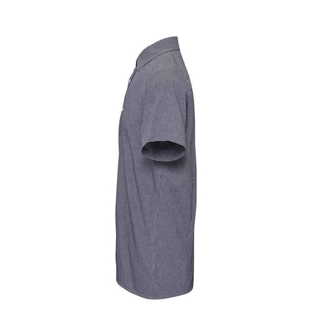 100% Cotton. Fabric: Poplin, Yarn Dyed. Design: Gingham. Hem: Curved. Sleeve-Type: Short-Sleeved. Neckline: Soft Touch, Turn Down Collar. Clear Buttons. Fit: Semi-Fitted. 115gsm. Sustainability: Amfori, BSCI, REACH, Sedex, WRAP Certified.