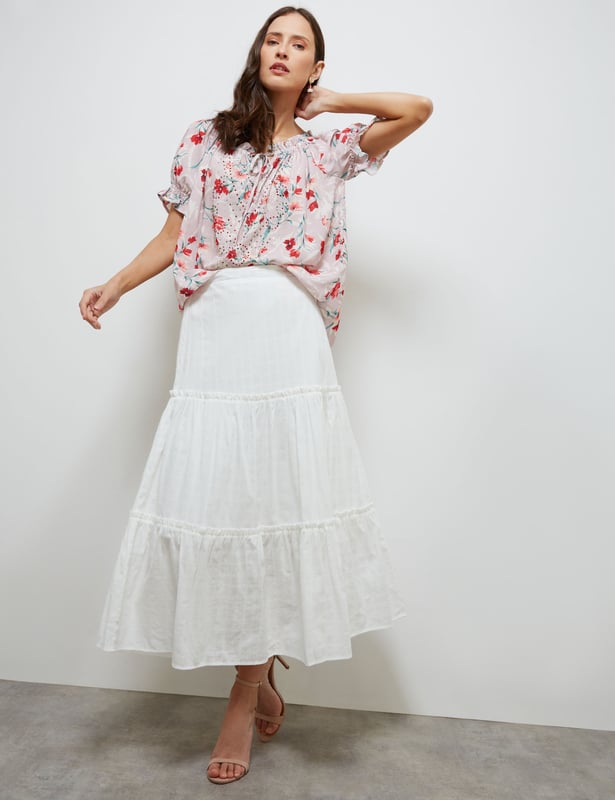 NONI B Womens Skirts Midi Summer White Floral Cotton