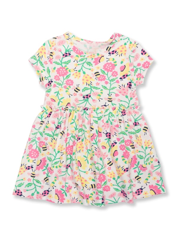95% organic cotton 5% elastane | Proud to be certified to the Global Organic Textile Standard (GOTS) | Love nature all-over print | Single jersey with a little bit of stretch (180-190 gsm) | Combined bodysuit and dress | Popper crotch and shoulder opening | Short sleeved | Round neck | Made in Turkey | Machine washable at 40 degrees, or at 30 degrees to be kinder to the planet