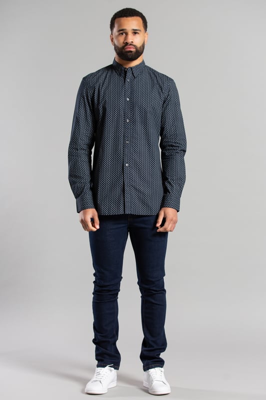 Navy Cotton Long Sleeve Floral Shirt