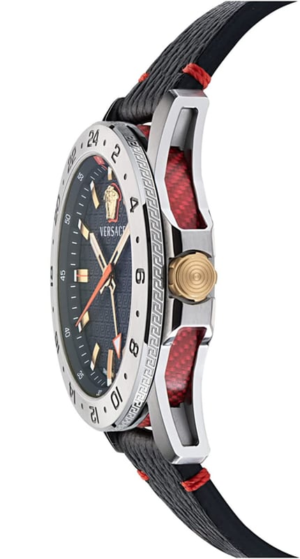 This Versace Sport Tech Analogue Watch for Men is the perfect timepiece to wear or to gift. It's Silver 45 mm Round case combined with the comfortable Black Leather watch band will ensure you enjoy this stunning timepiece without any compromise. Operated by a high quality Quartz movement and water resistant to 5 bars, your watch will keep ticking. This high quality watch is an incredible eye-catching Men watch -The Analogue watch has a calendar function: Date, Swiss Made, Luminous Hands and Luminous Numbers High quality 21 cm length and 22 mm width Black Leather strap with a Deployment clasp Case diameter: 45 mm,case thickness: 11 mm, case colour: Silver and dial colour: Black