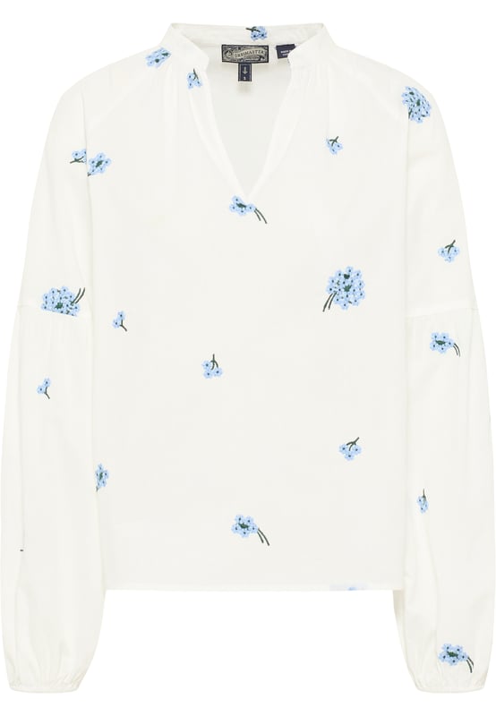 Der frische, romantische Look dieser leichten Baumwollbluse wird durch die zarte Blumenstickerei modisch hervorgehoben. Dabei bilden der V-Ausschnitt, die Ballonärmel und der Raglanarm einen lockeren Twist. Dank der entspannten Passform ist bei dieser DreiMaster Vintage Tunika der Tragekomfort gesichert.  Tunika