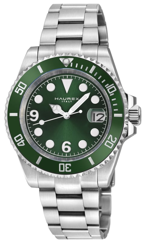 Haurex 4A512UVV Men's Barracuda Automatic WatchHaurex Men's Automatic Watch from the Barracuda Collection43mm Round 316L Stainless Steel Case, Green Ceramic BezelGreen Sunray Dial, Date at 5Push/Pull Crown, Exhibition Case back316L Stainless Steel Brushed Bracelet With Deployment BuckleAnti-reflective Sapphire CrystalWater Resistant to 50 Meters/5ATMAutomatic Miyota Ultra thin 9015