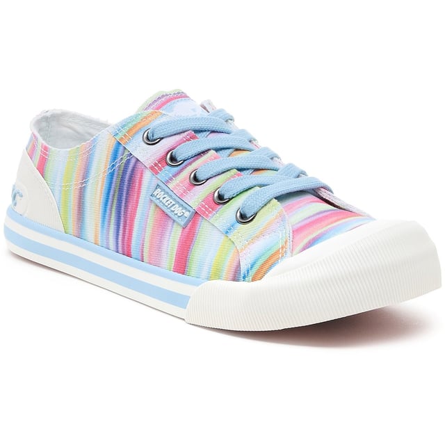 Zapatillas Rocket Dog Jazzin arcoíris para mujer, confeccionadas en tela y suela de goma. Incluyen: plantilla de espuma afelpada, ligeras, contrafuerte de goma y logo Rocket Dog.