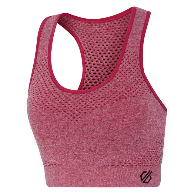 Material: 92% polyamide, 8% elastane. Medium impact sports bra. SeamSmart technology. Q-Wic plus seamless nylon/elastane or polyester/elastane knitted fabric. Anti-bacterial odour control treatment. Good wicking performance. Quick drying. Removable pads. Racer back design. Chest sizes to fit: (XS): 76-81cm, (S): 87cm, (M): 89-97cm, (L): 99-107cm.