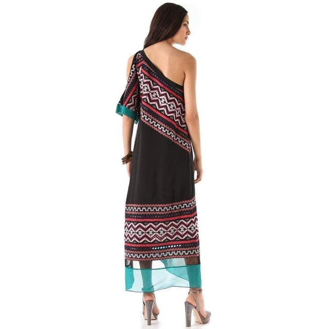 Mixed embroidery boldly accents this one-shoulder silk dress. Pockets hide on the side seams While sheer mesh and solid chiffon trim the hem. A relaxed side slit offers effortless movement. Thin strap and cutout short sleeve. Lined. Fabric: Washed silk crepe. Shell: 100% silk. Lining: 100% polyester. DHand wash cold.