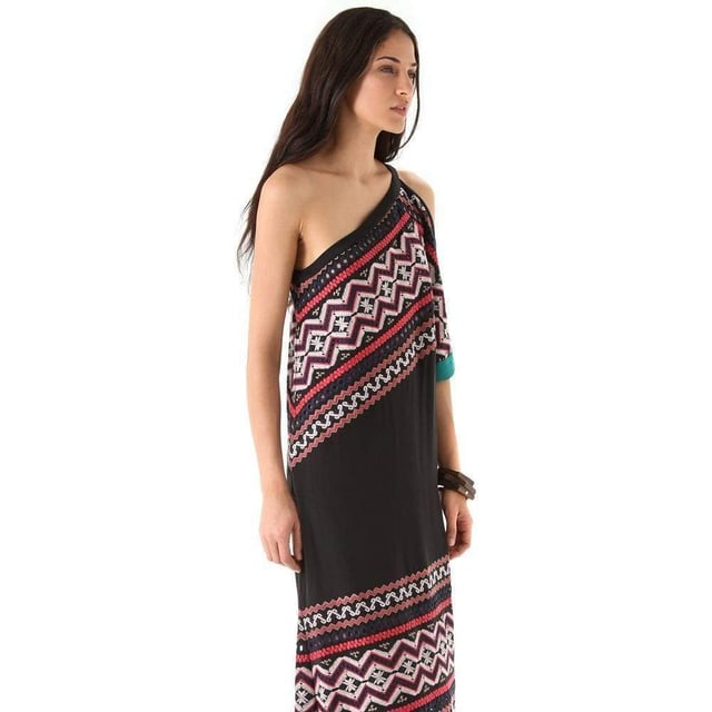 Mixed embroidery boldly accents this one-shoulder silk dress. Pockets hide on the side seams While sheer mesh and solid chiffon trim the hem. A relaxed side slit offers effortless movement. Thin strap and cutout short sleeve. Lined. Fabric: Washed silk crepe. Shell: 100% silk. Lining: 100% polyester. DHand wash cold.