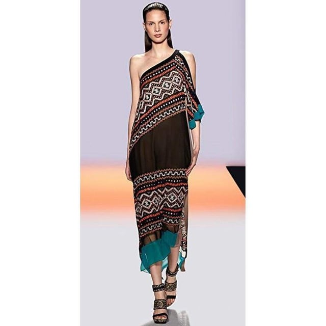 Mixed embroidery boldly accents this one-shoulder silk dress. Pockets hide on the side seams While sheer mesh and solid chiffon trim the hem. A relaxed side slit offers effortless movement. Thin strap and cutout short sleeve. Lined. Fabric: Washed silk crepe. Shell: 100% silk. Lining: 100% polyester. DHand wash cold.