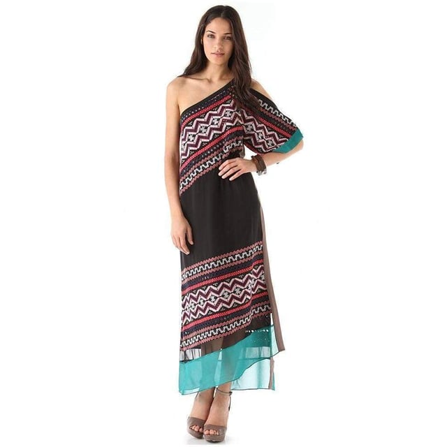 Mixed embroidery boldly accents this one-shoulder silk dress. Pockets hide on the side seams While sheer mesh and solid chiffon trim the hem. A relaxed side slit offers effortless movement. Thin strap and cutout short sleeve. Lined. Fabric: Washed silk crepe. Shell: 100% silk. Lining: 100% polyester. DHand wash cold.