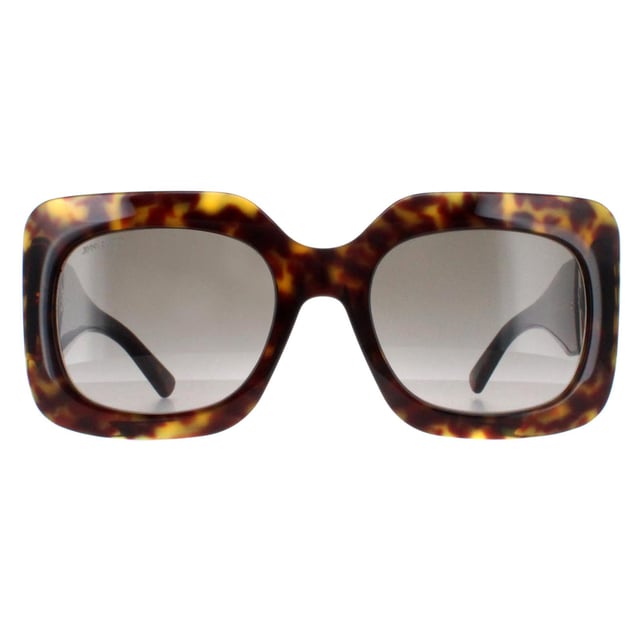 Jimmy Choo Square Womens Havana and Gold Brown Gradient GAYA/S  Sunglasses boast a chic square frame design accentuated by large metal branding on the hinges. Combining classic elegance with modern flair, these sunglasses effortlessly elevate any look. Perfect for various occasions, they add a touch of sophistication while making a bold fashion statement.